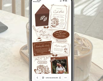 May include: A smartphone screen displaying a digital baby shower invitation suite in brown and white. The layout includes a Cafe Bibi invitation, a baby registry tag, a save the date, a books for baby card, a diaper raffle card, and an RSVP button.