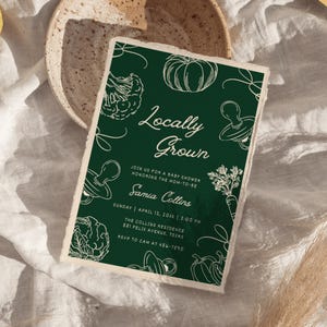 Lokal gewachsene Babyparty einladen | Farmers Markt Baby Sprinkle Einladung | Mit Liebe gewachsen | Lokales Homegrown-Thema | Canva Vorlage