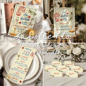 May include: A bridal shower bundle featuring invitations, a welcome sign, menu cards, and place cards. The design includes the text "La Dolce Vita" with illustrations of pizza, pasta, and olives. The place cards have names written on them.