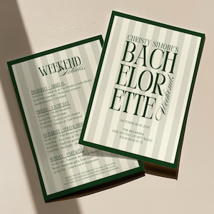 May include: Two green-bordered cards with text. One reads "Christy Simone's Bachelorette Weekend" with dates and location. The other lists weekend details, including arrival, yacht day, polo, and farewell events. The background is striped.