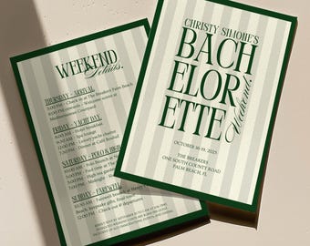 May include: Two green-bordered cards with text. One reads "Christy Simone's Bachelorette Weekend" with dates and location. The other lists weekend details, including arrival, yacht day, polo, and farewell events. The background is striped.