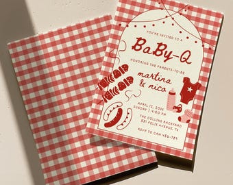 May include: A rectangular invitation card with a red and white gingham pattern featuring the text BaBy-Q, honoring the parents-to-be Martina and Nico, with illustrations of a baby bottle, onesie, pacifier, socks, and barbecue skewers.