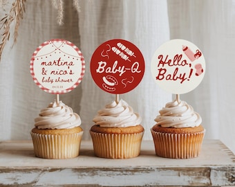 Baby Q Baby Shower Cupcake Topper Round | Bbq Grill Themed Baby Sprinkle Favor Sticker | Garden Barbecue Decoration | Canva Template nico
