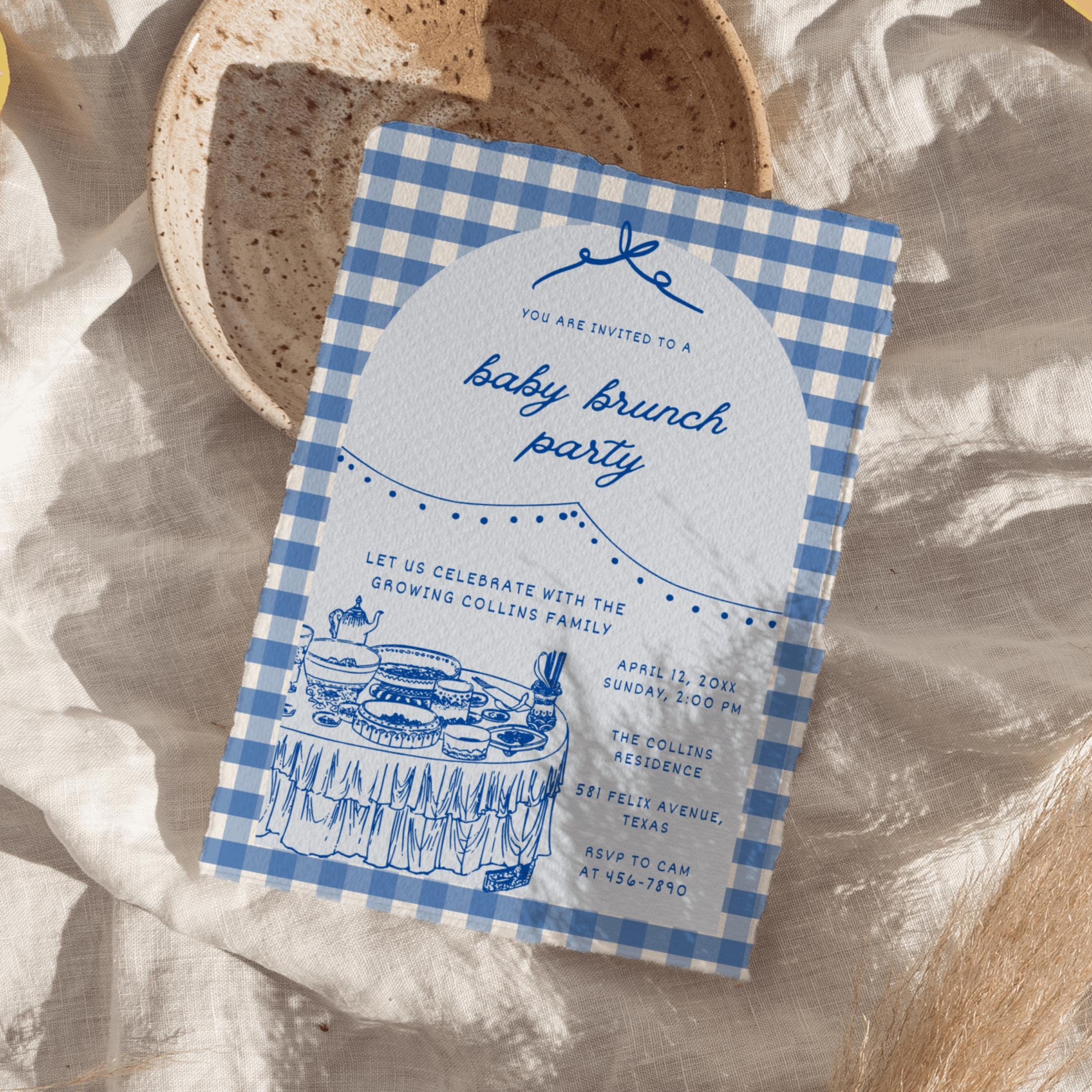 Digital Blue Garden Baby Brunch Invite | Hand Drawn Baby Boy Shower  Sprinkle Invitation | Gingham Gender Reveal | Editable Canva Template, image size:2200x2200