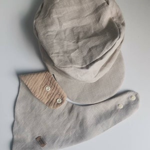 Michel linen and muslin peaked cap with scarf for babies and children in beige