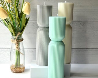 Modern Ribbed Pillar Candle: 9 Inch Geometric Design in Serene Shades