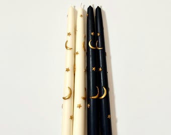 Hand-Painted Celestial Taper Candles: Stars, Moon, Scented Soy-Beeswax Blend (Set of 2)