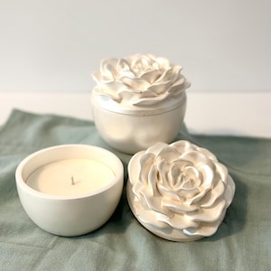 Handmade Pearlescent White Rose Candle: Scented Soy Wax In A Container