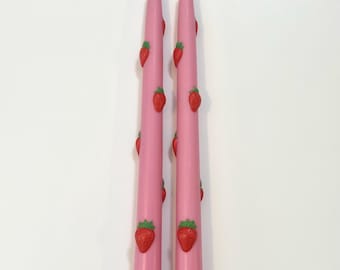 Strawberry Scented Taper Candles: Pink Soy Beeswax Blend, Set of 2