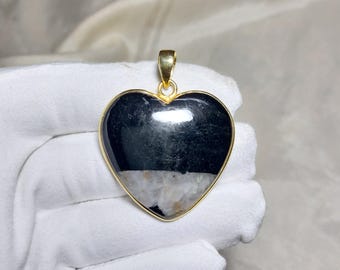 Natural Black Tourmaline Heart Pendant, Gold Plated Brass, Negativity Protection