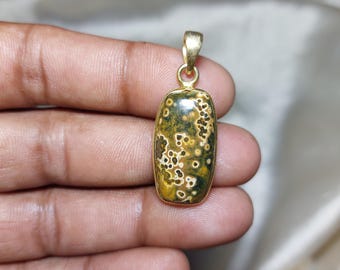 Ocean Jasper Gold Plated Pendant: Healing Crystal Necklace