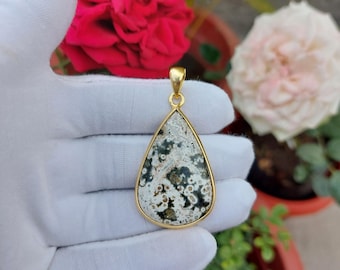 Ocean Jasper Gold Plated Pendant: Healing Crystal Chakra Necklace