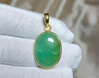 Chrysoprase Gemstone Pendant: Gold Plated Brass, Heart Chakra Healing