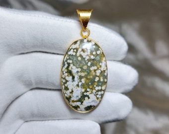 Natural Ocean Jasper Pendant: Brass Gold Plated Crystal