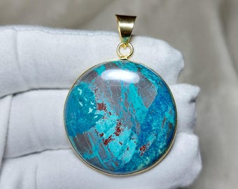 Shattuckite Gemstone Pendant: Round Brass Gold Plated Jewelry