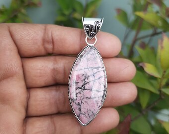 AAA+ Quality Rhodonite Gemstone Solid Brass Silver Plated  Pendant, gift for her, aesthetic pendant