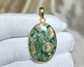 Rhyolite Gemstone Pendant: Gold Plated Brass, Oval Stone