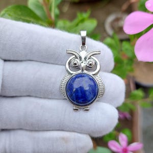 Brass SilverPlated  Lapis Lazuli Owl Pendant, Natural Gemstone Necklace, Meditation Crystal, Lapis Lazuli Jewellery
