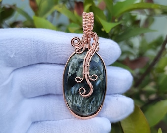 Seraphinite Gemstone Copper Pendant: Wire Wrapped Designer Jewelry