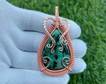 Chrysocolla Copper Pendant: Wire Wrapped Gemstone Jewelry
