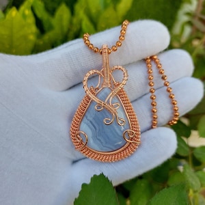 AAA+ Best Quality Blue Lace Agate Gemstone Solid Copper Wire Wrapped  Pendant, gift for her,   Including Chain