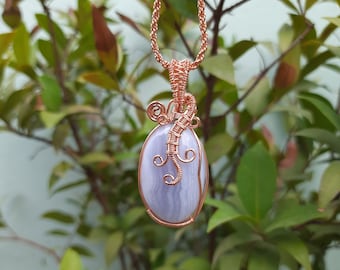 Blue Lace Agate Copper Wire Wrapped Pendant with Chain