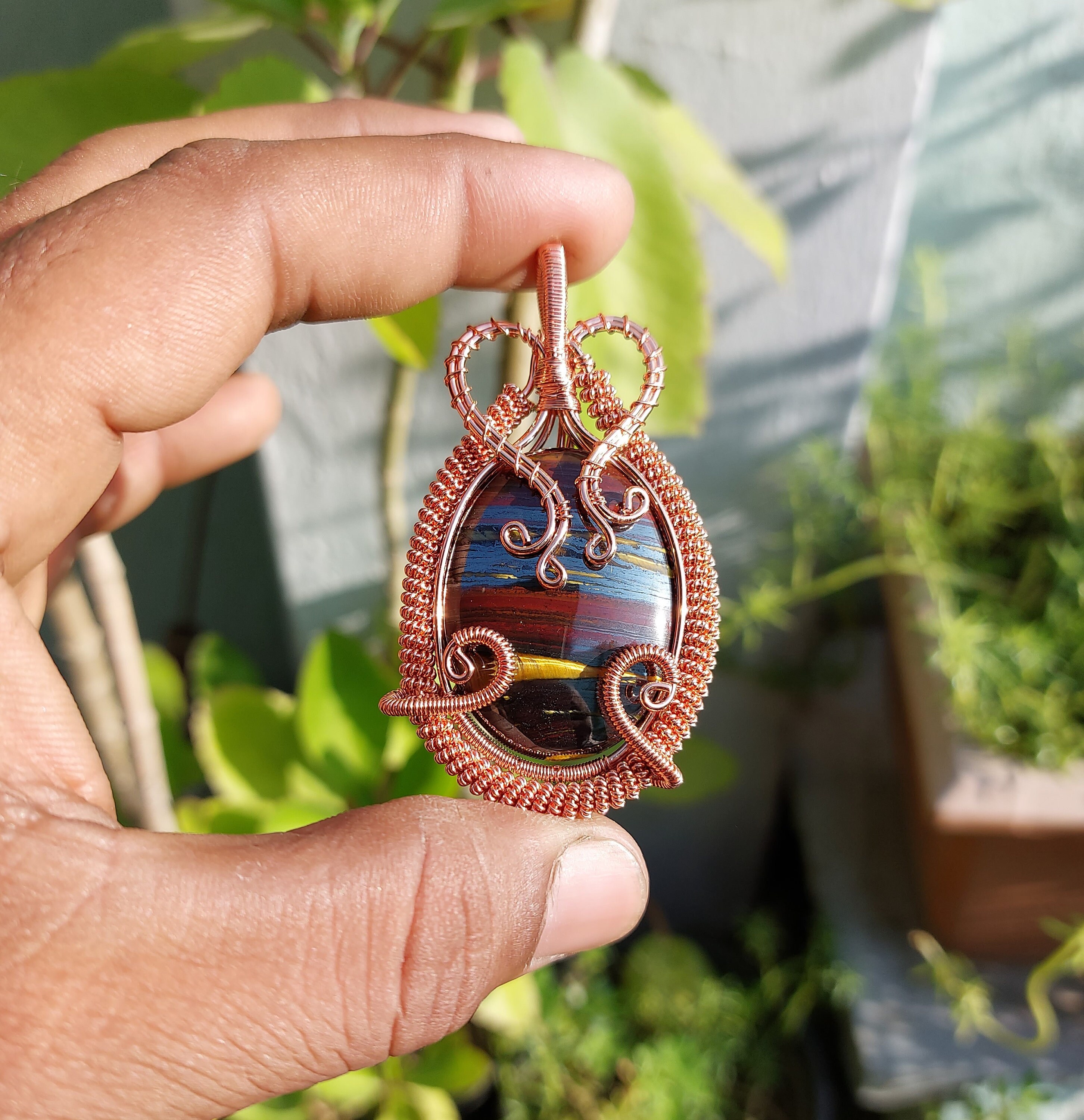 Pretty Tiger Iron Eye Copper Pendant Copper Wire Wrapped Gemstone Pendant, Include Copper Chain Designer Pendant, Gift For Her Gift For Her