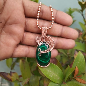AAA+ Best Quality  Malachite  Gemstone Solid Copper Wire Wrapped  Pendant, gift for her,   Including Chain