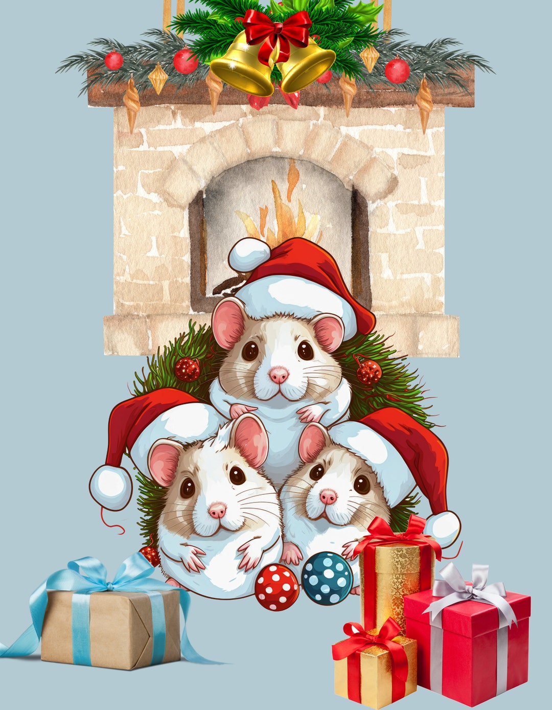 Mouse Christmas Digital Wallpaper, Animal Fireplace, Christmas