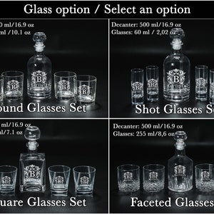 May include: Clear glass decanter and glasses sets. Options include round, shot, square, and faceted glass sets. Each set features a decanter with a stopper and glasses with the text "BATTISTA" and the letter "B".