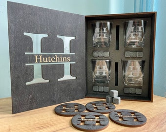 Personalized Gift for Him, Gift for Father, Big Whishey Glasses with Whiskey Stones in a Wooden Box, Best Father Gift, Whiskey Glass Set