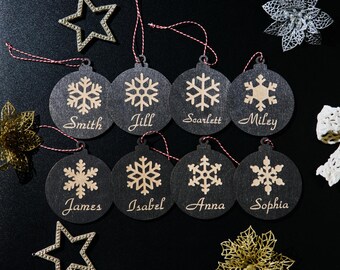 Custom Name Snowflake Ornament - Personalized Wooden Christmas Decoration, Engraved Black Bauble, Custom Family Gift, Holiday Tree Decor