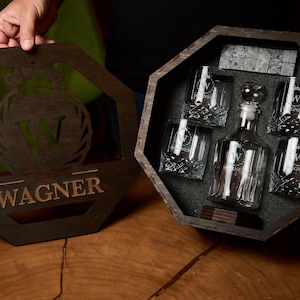 May include: A wooden gift set with a decanter, four glasses, and ice stones. The decanter and glasses are clear with a decorative design. The wooden box and lid are dark brown with the name "Wagner" engraved.
