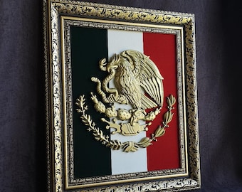 Wapen van Mexico, Mexicaanse adelaar, vlag van Mexico, gouden wapen van Mexico op de vlag, escudo de armas de Mexico