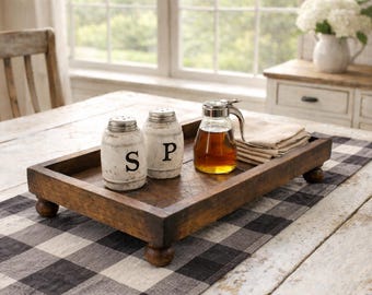 Farmhouse Wood Display Tray with Riser Feet: Walnut Finish
