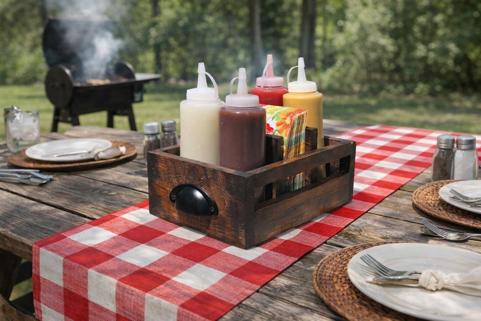 Rustic condiment and napkin caddy with 4 condiment bottles