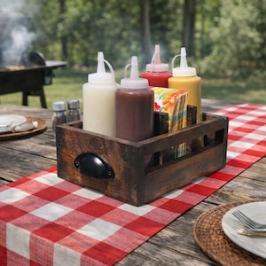Rustic condiment and napkin caddy with 4 condiment bottles