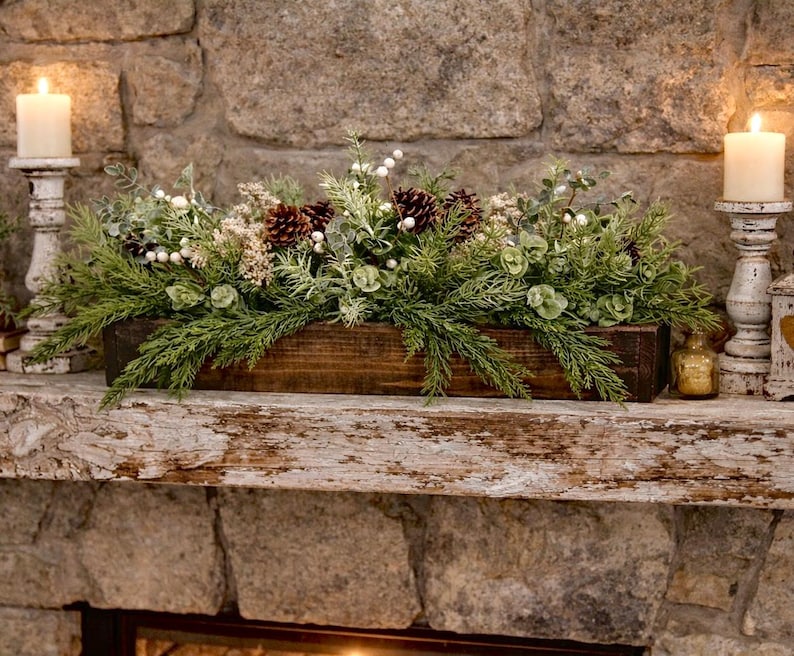 All season Rustic Pine Centerpiece: Wood Planter Box, Cabin Table Decor 画像 3