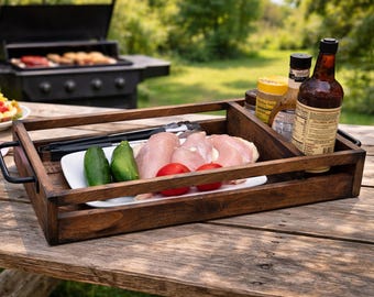 Wood BBQ Tray: Grill Master Stenciled, Spice Compartment, Christmas gift for men