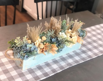 Beachy neutrals floral centerpiece | blue planter | rope handles | Coastal decor | Coastal beach house home decor | Mother’s Day gift idea