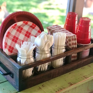 Rustic Wood Picnic Caddy with Mason Jars: Walnut Finish, BBQ Utensil Organizer
