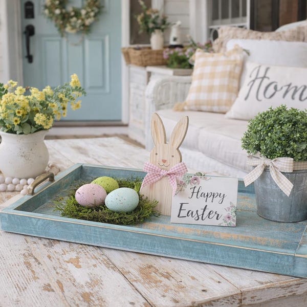 Light Blue with a hint of teal wood serving or ottoman tray