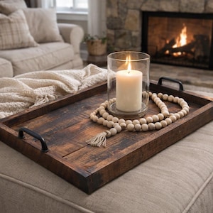 Farmhouse serving tray with walnut stain, ottoman tray