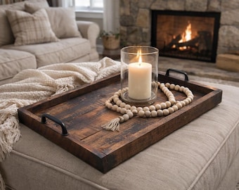Farmhouse serving tray with walnut stain, ottoman tray