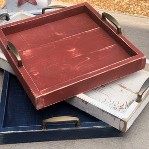 Rustic Farmhouse square wood tray, red white and blue trays for Independence Day
