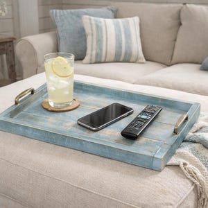 Light Blue with a hint of teal wood serving or ottoman tray