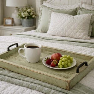 Rustic wood serving tray with sage green finish, ottoman tray