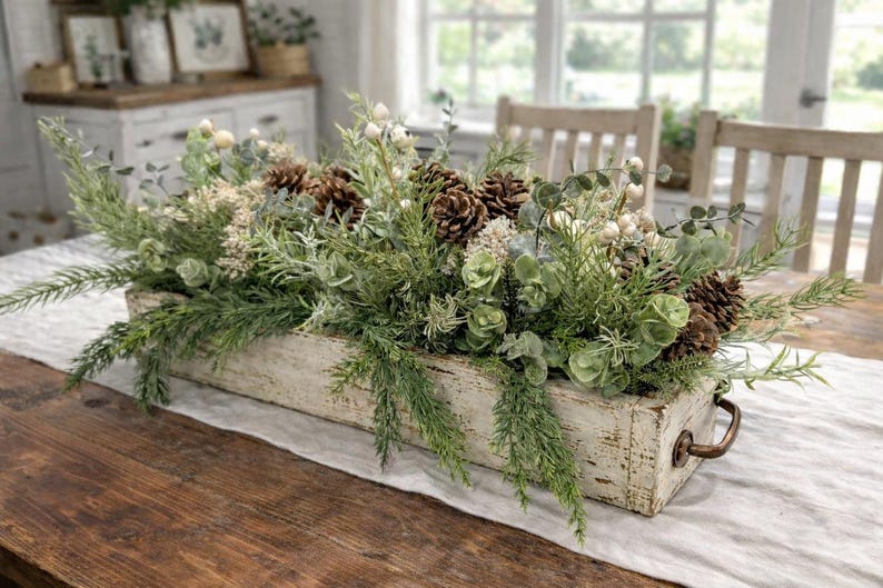 All season Rustic Pine Centerpiece: Wood Planter Box, Cabin Table Decor 画像 11