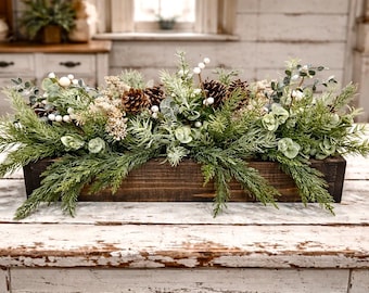 All season Rustic Pine Centerpiece: Wood Planter Box, Cabin Table Decor
