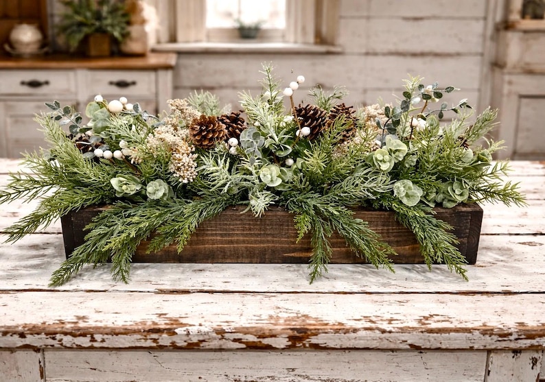 All season Rustic Pine Centerpiece: Wood Planter Box, Cabin Table Decor walnut planter box